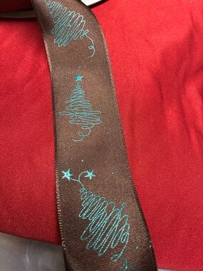 Holiday Ribbon with Teal Tree Design - Brown